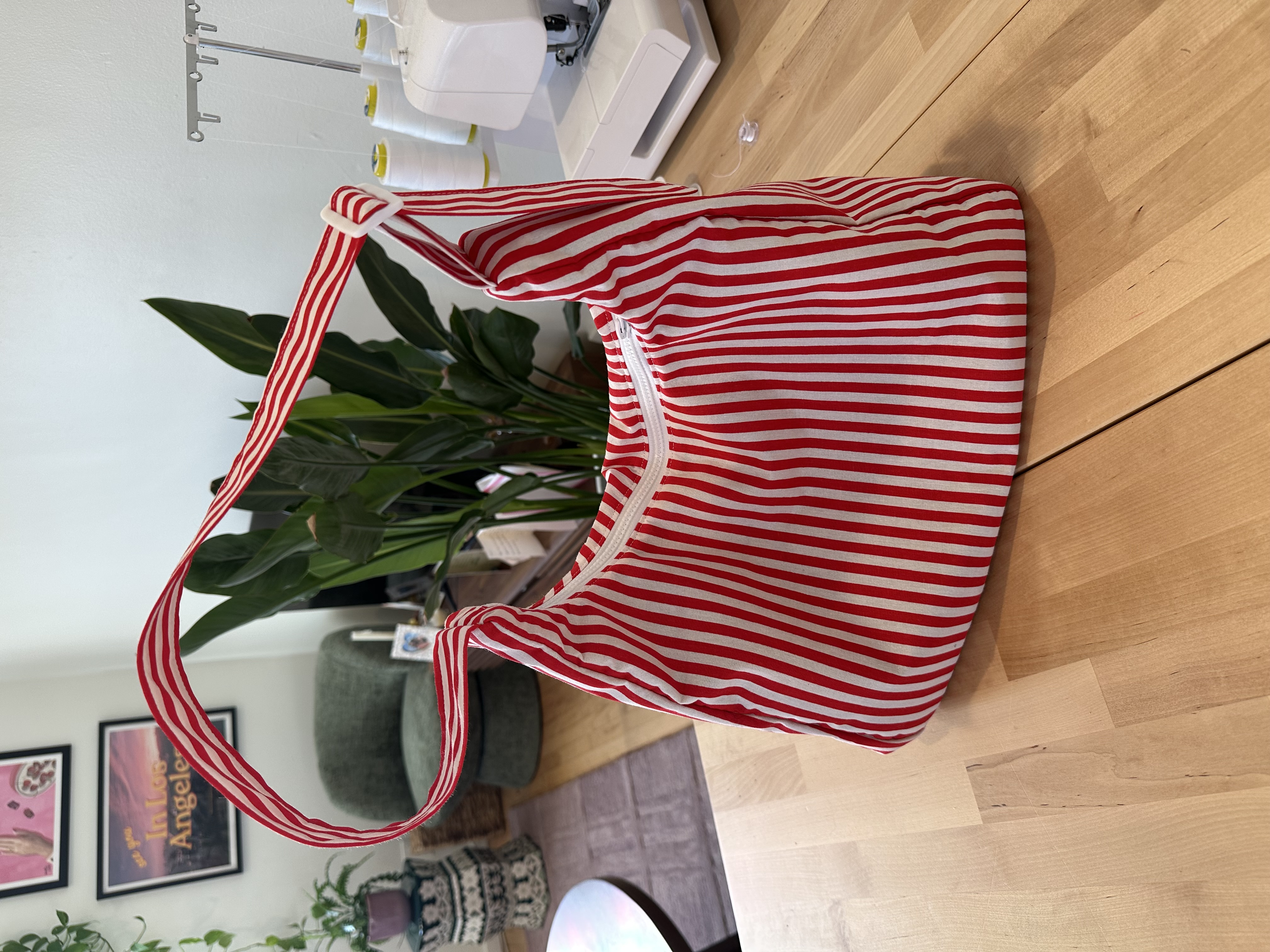 Finished large Billy Bag in red and white candy cane stripe fabric